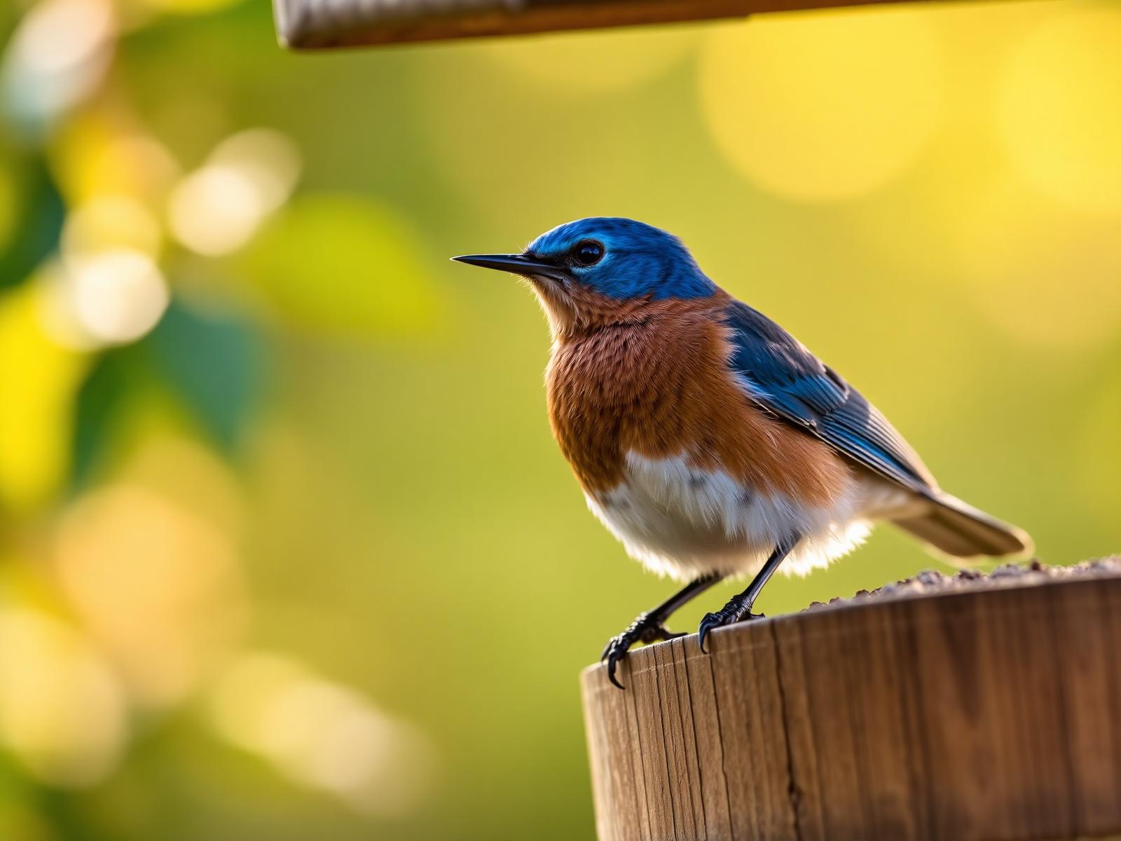 Eastern bluebird perched on a wooden feeder in golden morning light